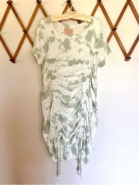 What Lo Wants Ruched Tie-Dye Cotton Mini Dress in Sage Green, 2X